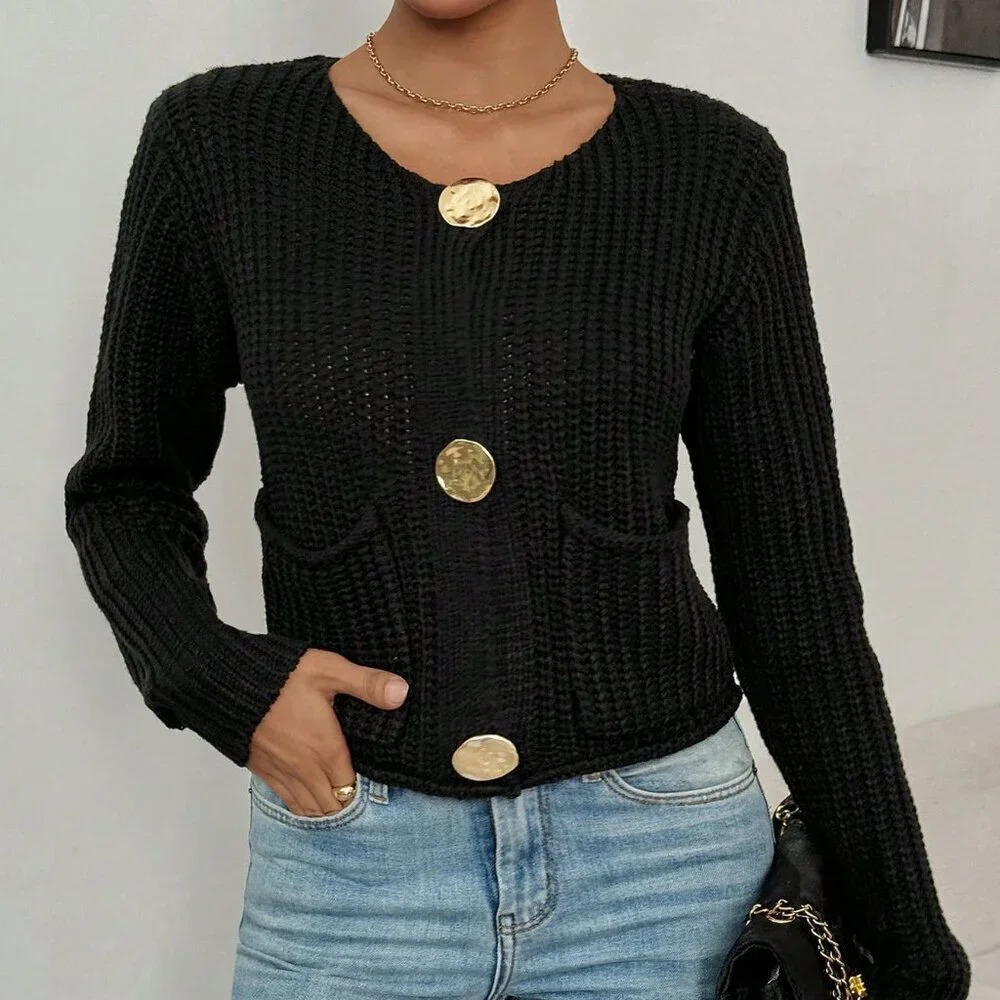 Black Casual Women's Crew Neck Front Button Up Long Sleeve Cardigan